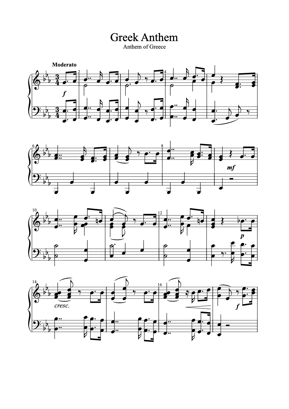 Sheet music preview for Greek Anthem