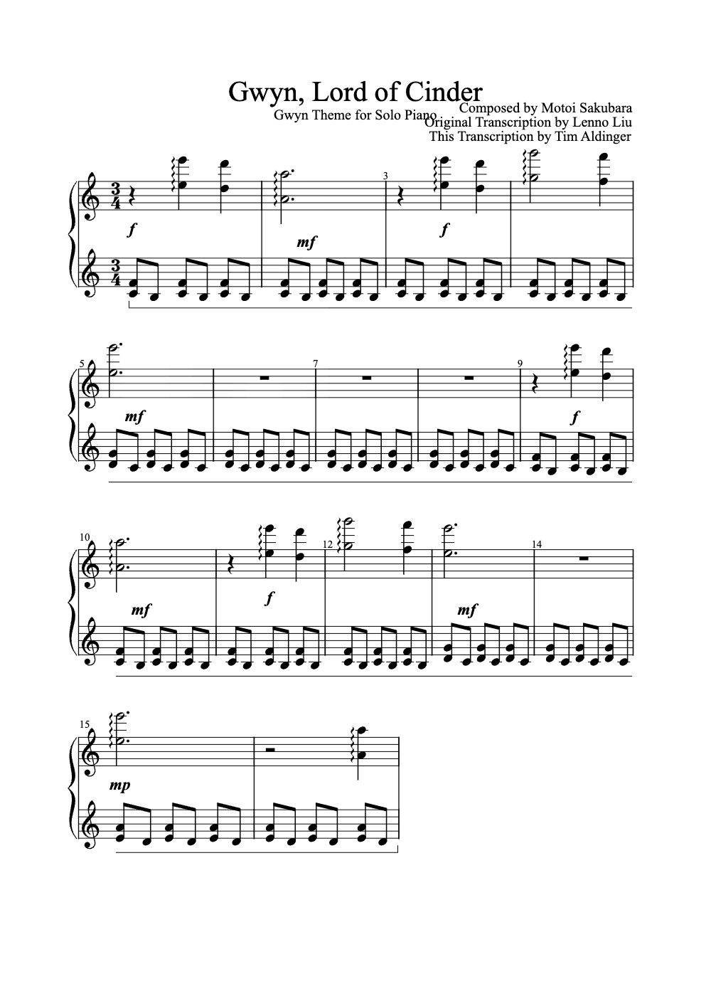 Sheet music preview for Gwyn, Lord of Cinder