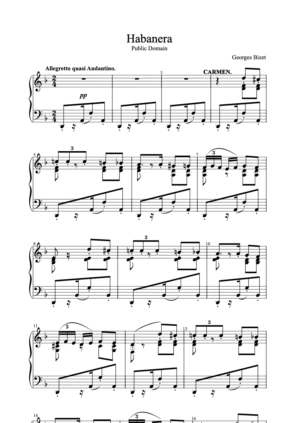 Sheet music preview for Habanera