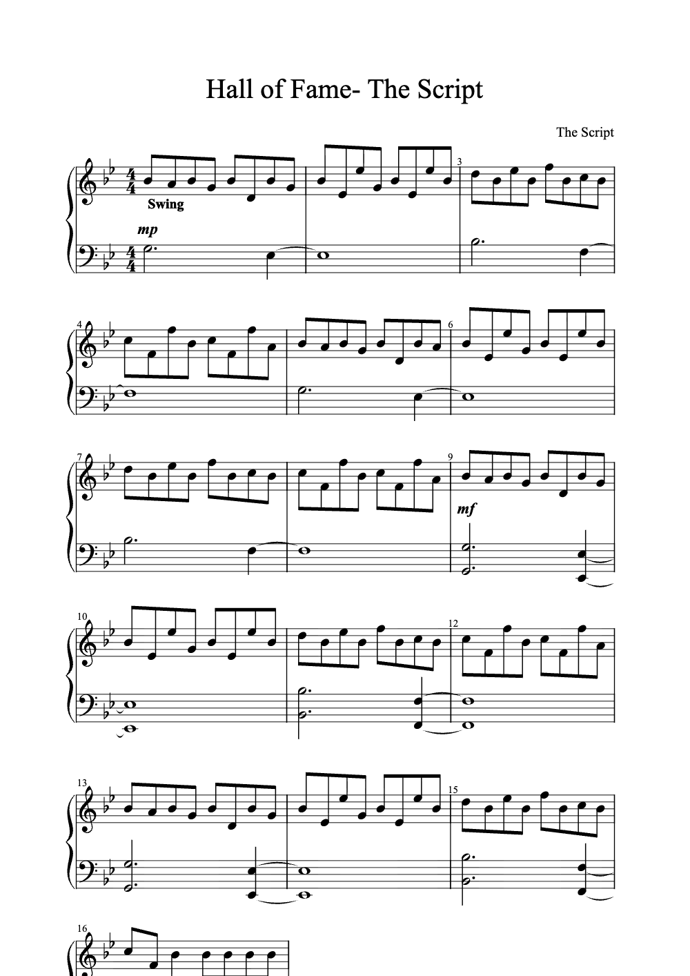 Sheet music preview for Hall of Fame