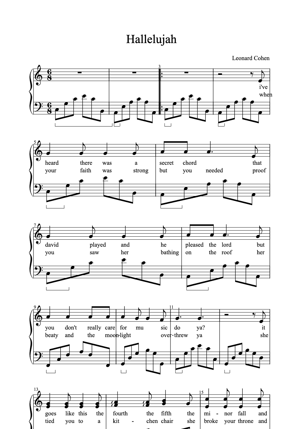 Sheet music preview for Hallelujah