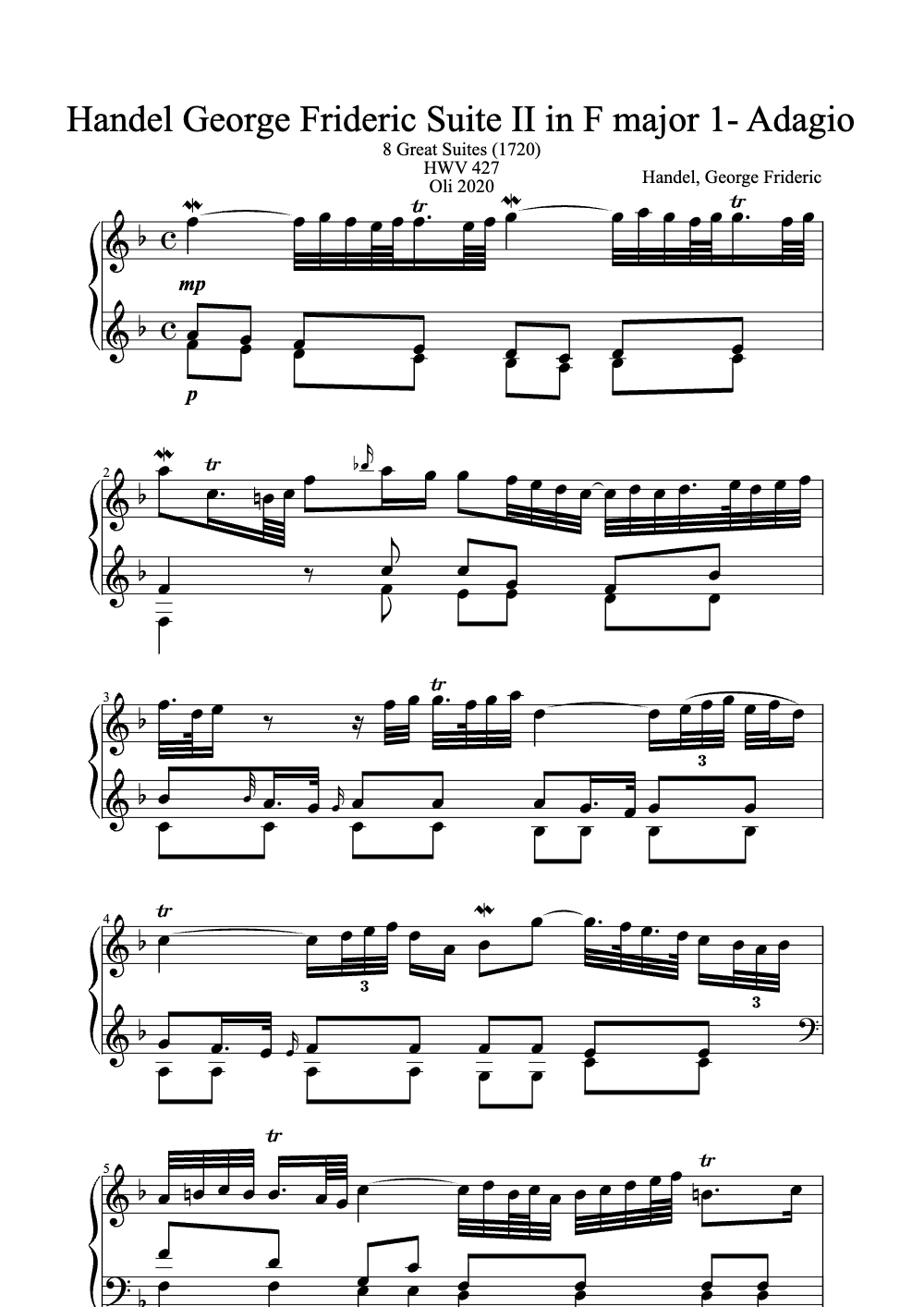 Sheet music preview for Suite II in F Major, Adagio