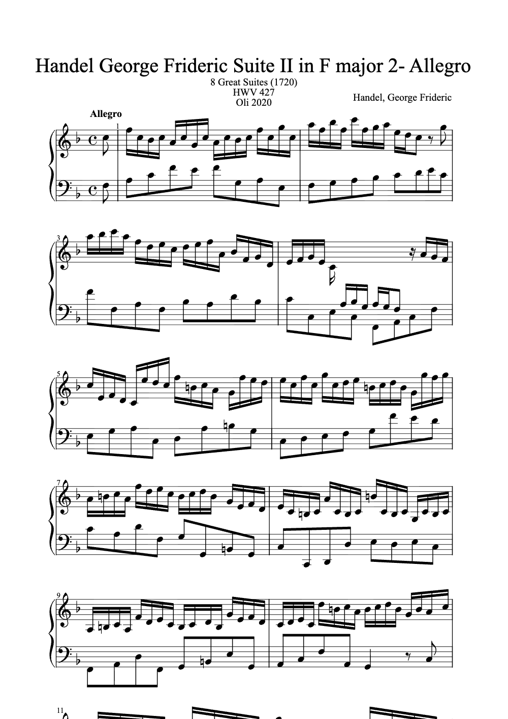 Sheet music preview for Suite II in F Major, HWV 427: II. Allegro