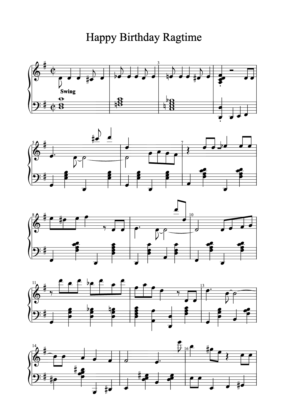 Sheet music preview for Happy Birthday Ragtime