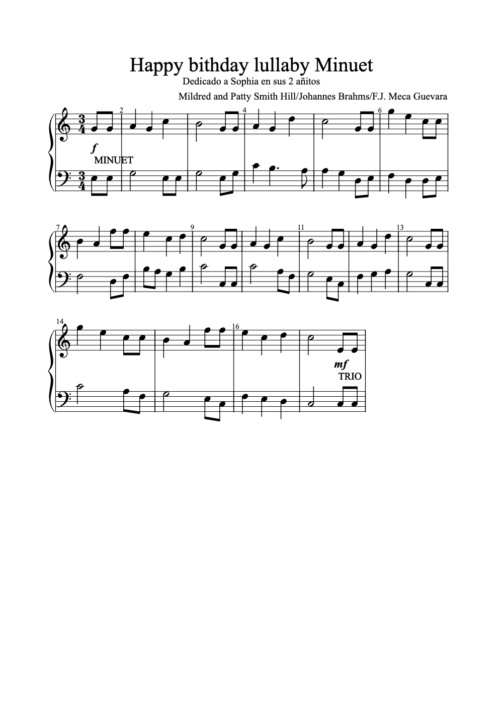 Sheet music preview for Happy Birthday Lullaby Minuet