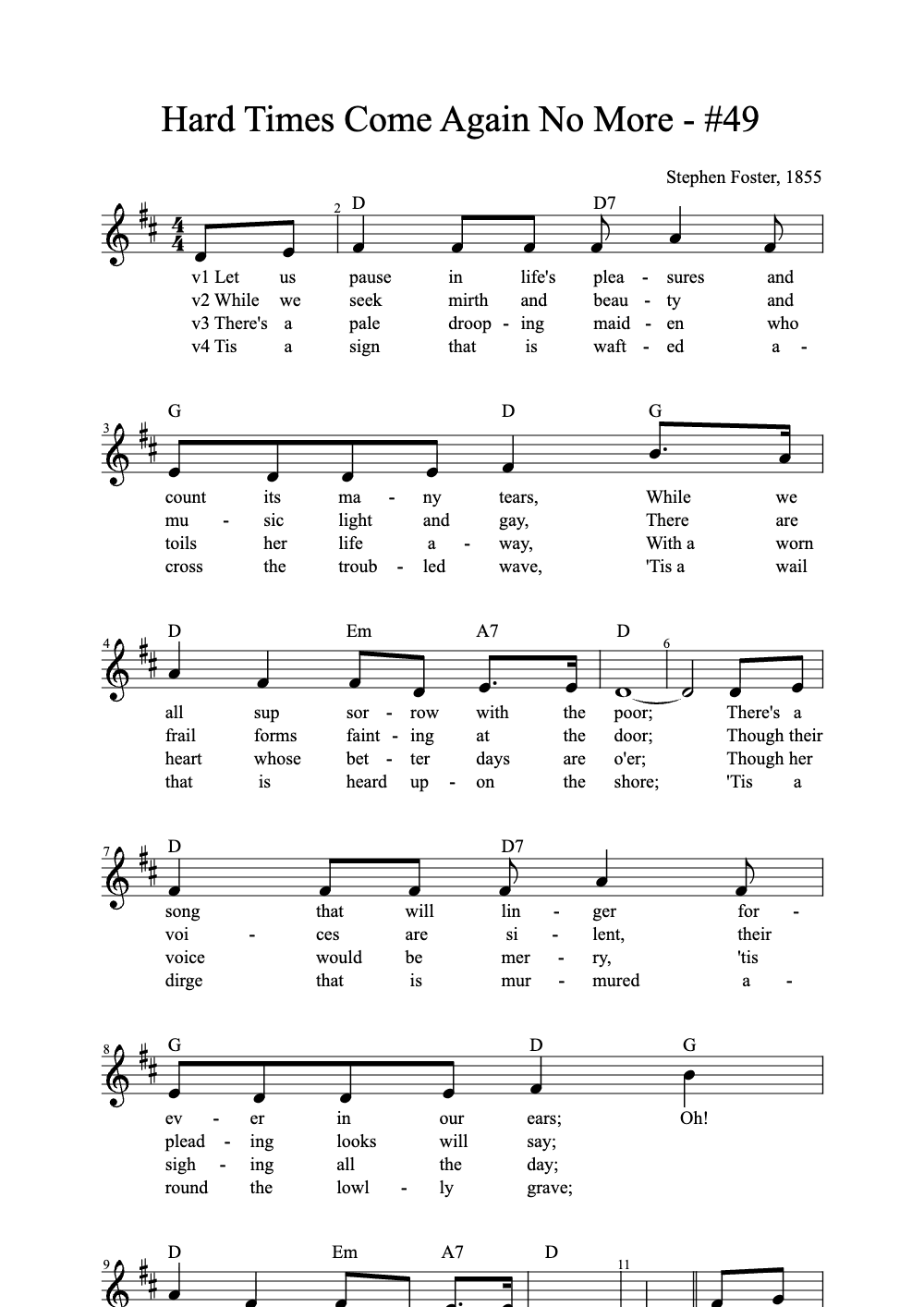 Sheet music preview for Hard Times Come Again No More