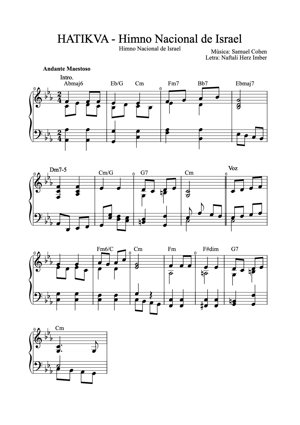 Sheet music preview for Hatikvah