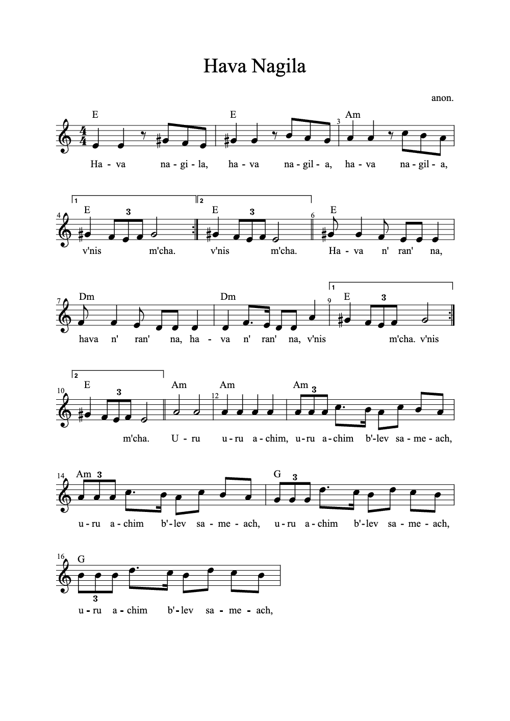Sheet music preview for Hava Nagila