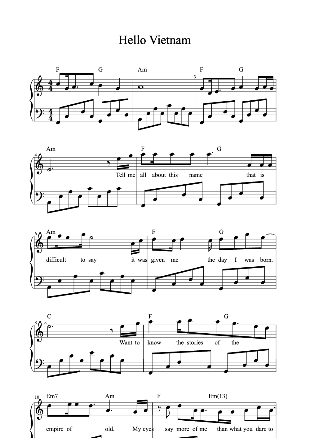Sheet music preview for Hello Vietnam