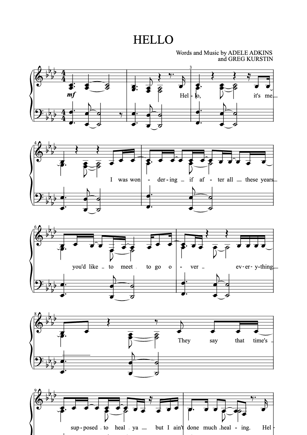 Sheet music preview for Hello