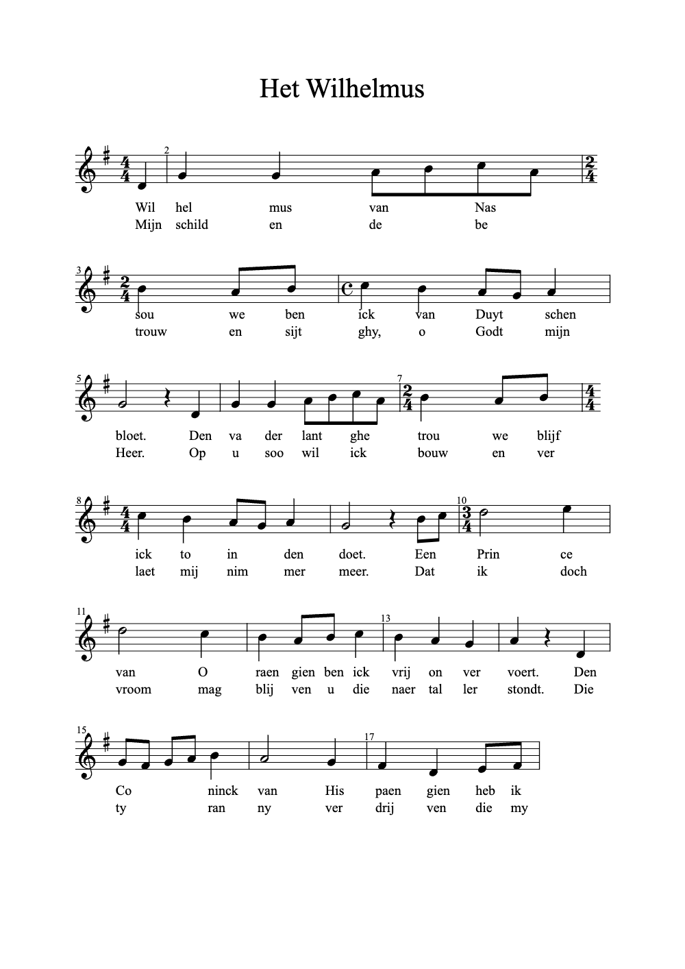 Sheet music preview for Het Wilhelmus