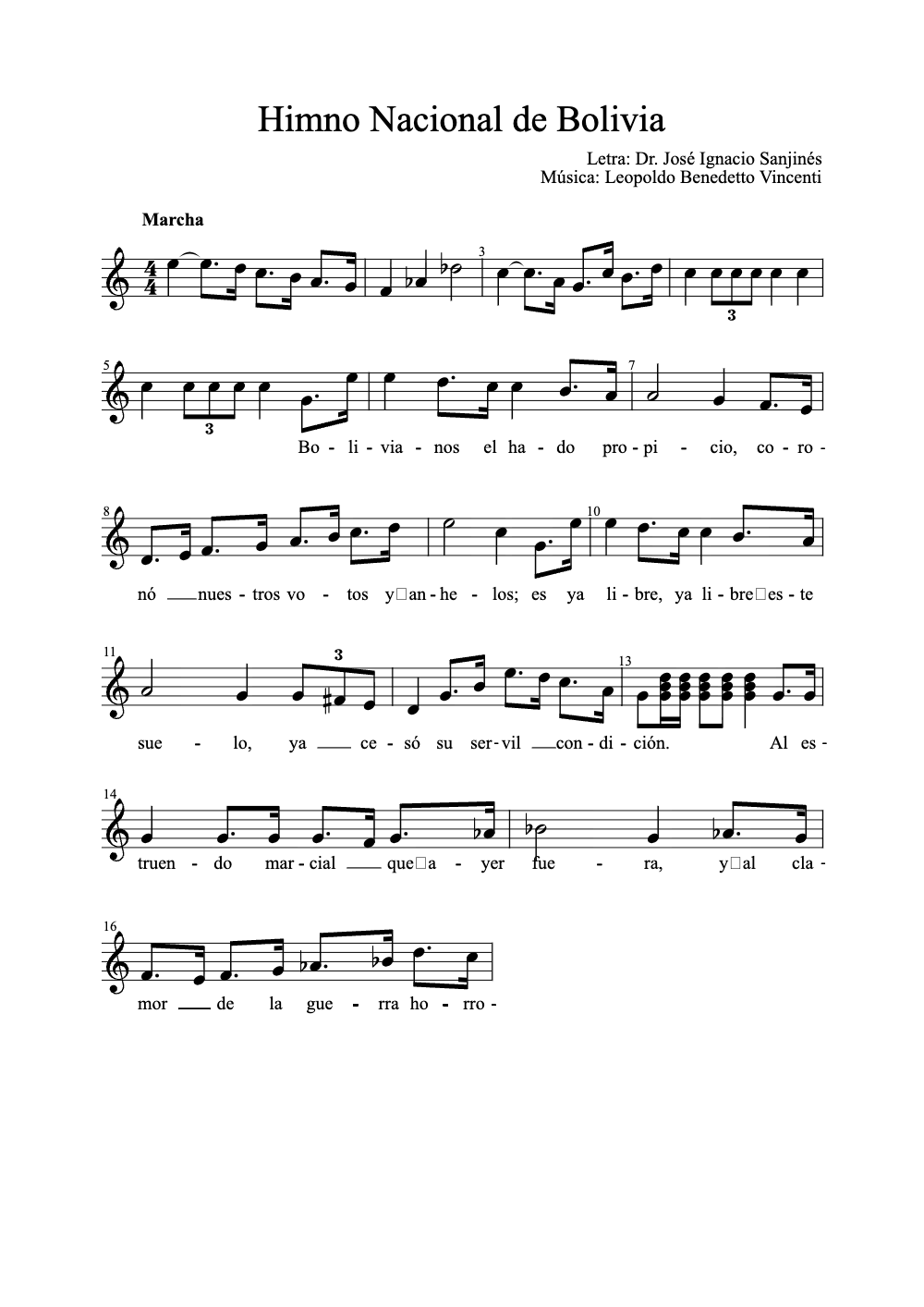 Sheet music preview for Himno Nacional de Bolivia