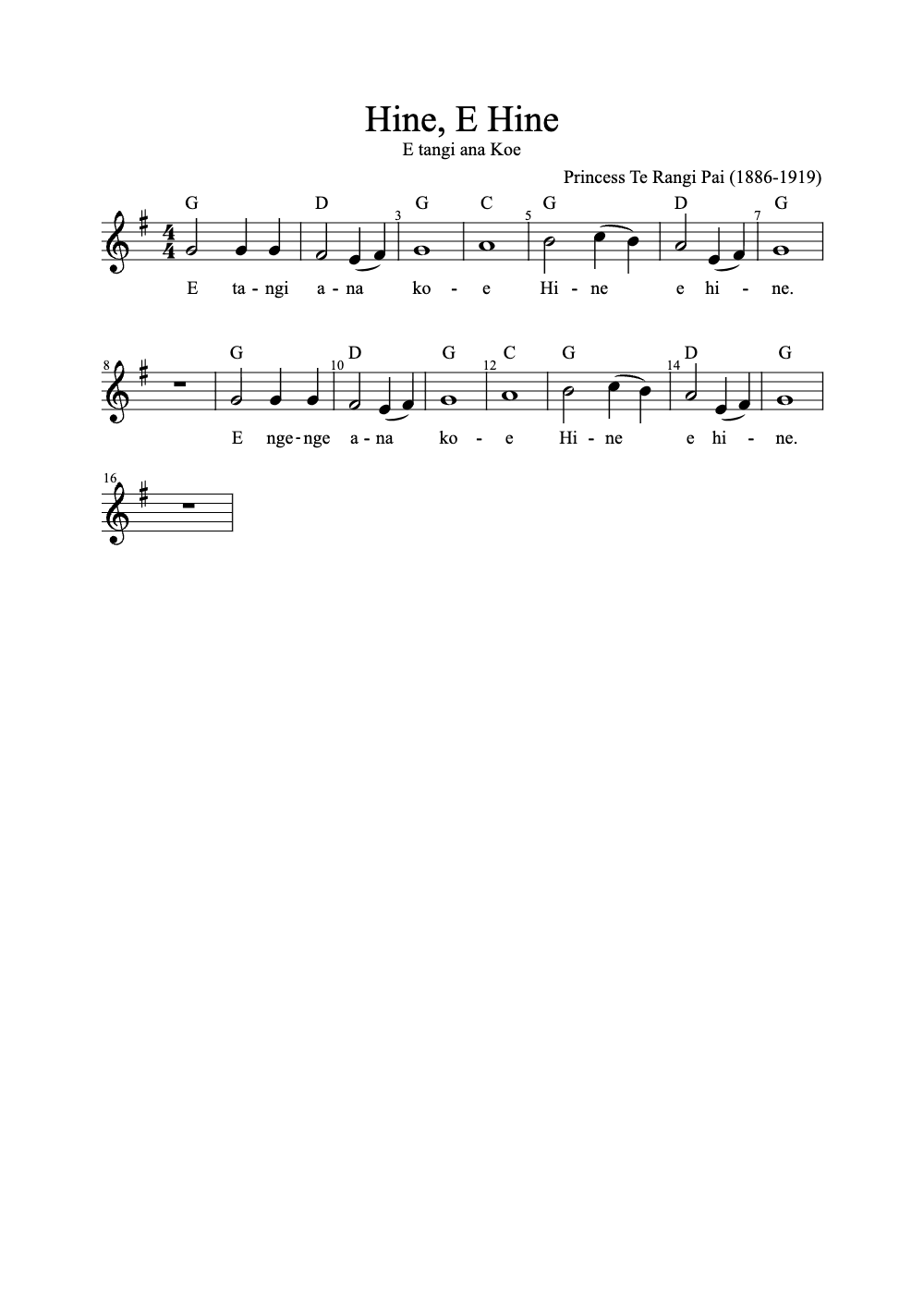 Sheet music preview for Hine, E Hine