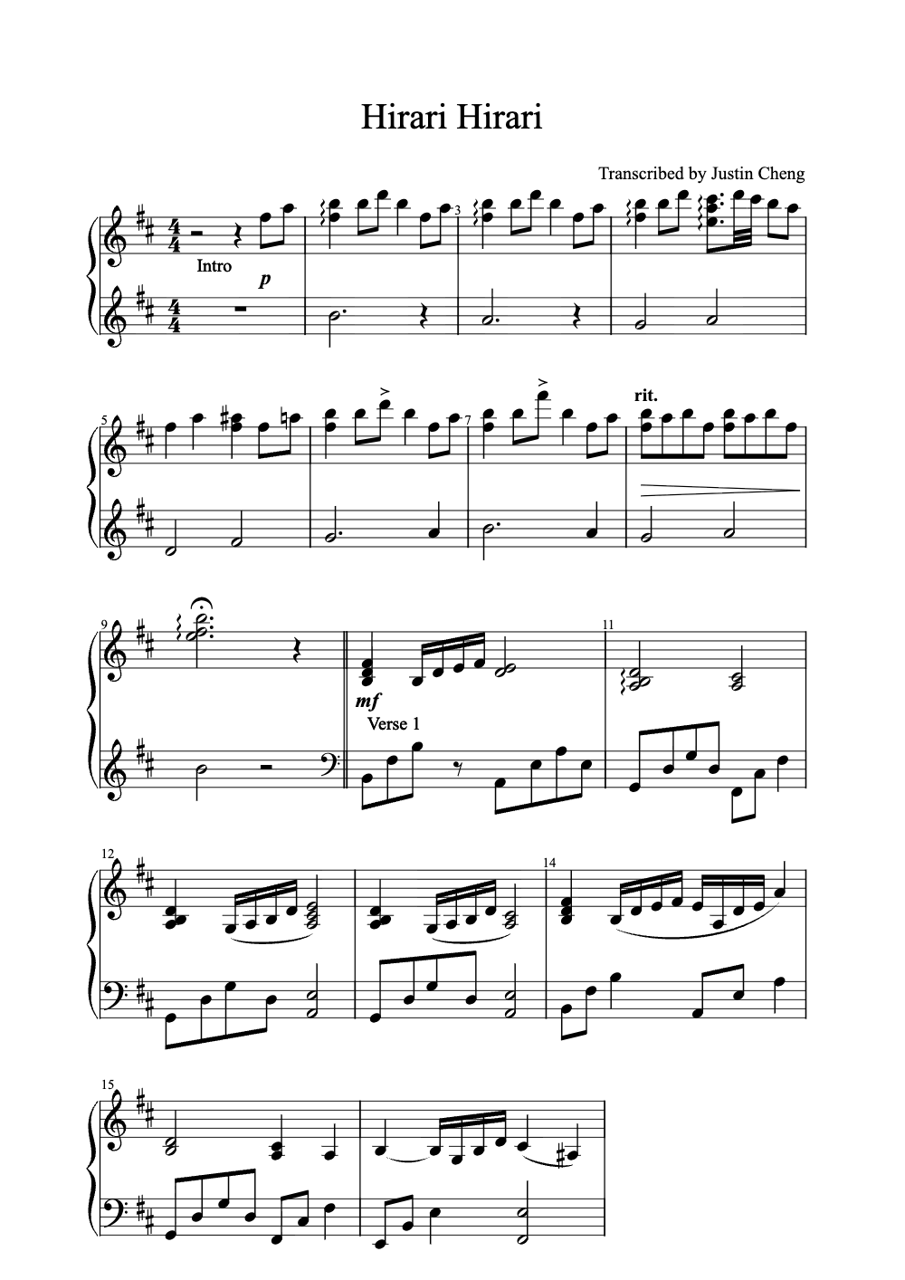 Sheet music preview for Hirari Hirari