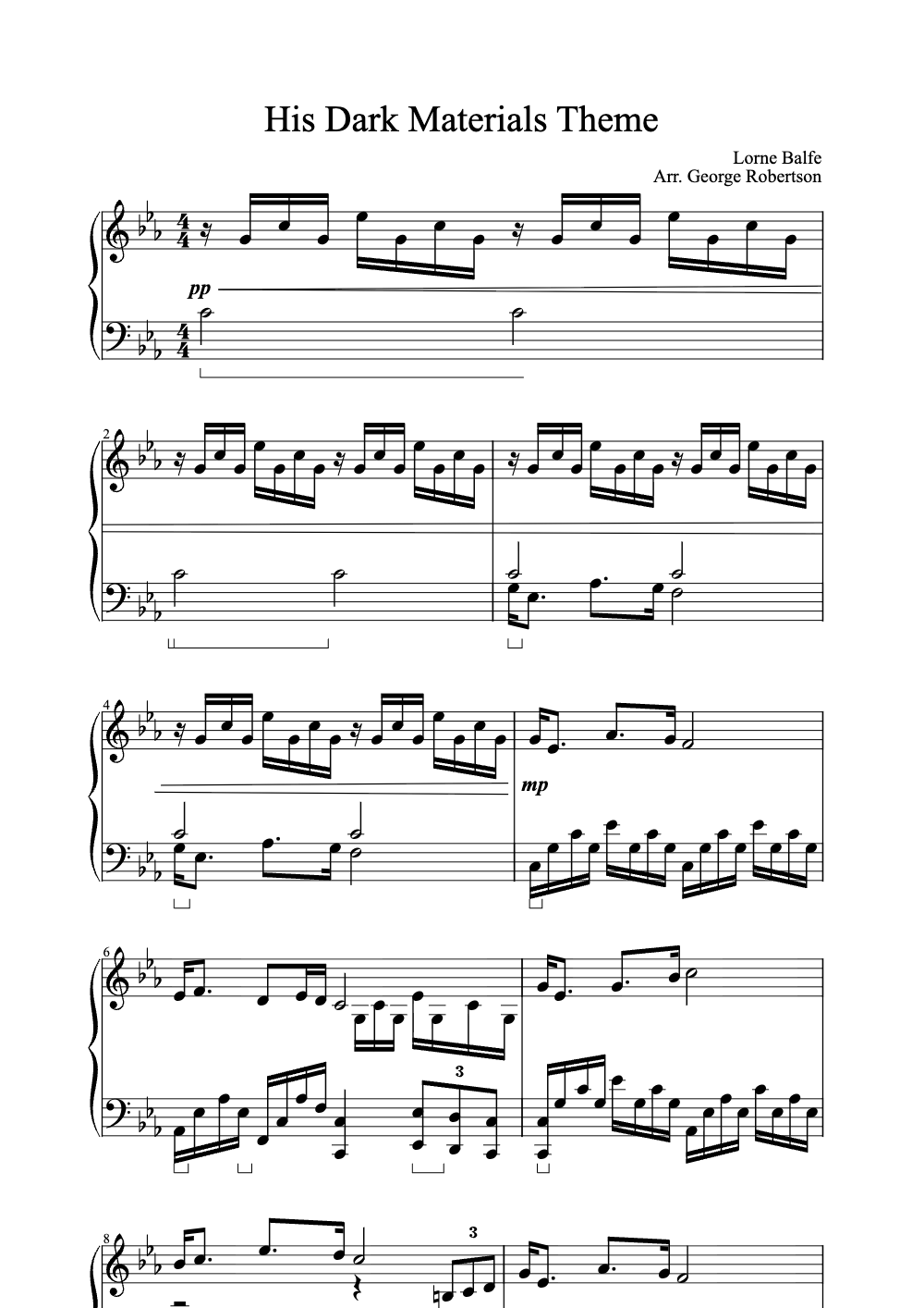 Sheet music preview for His Dark Materials Theme