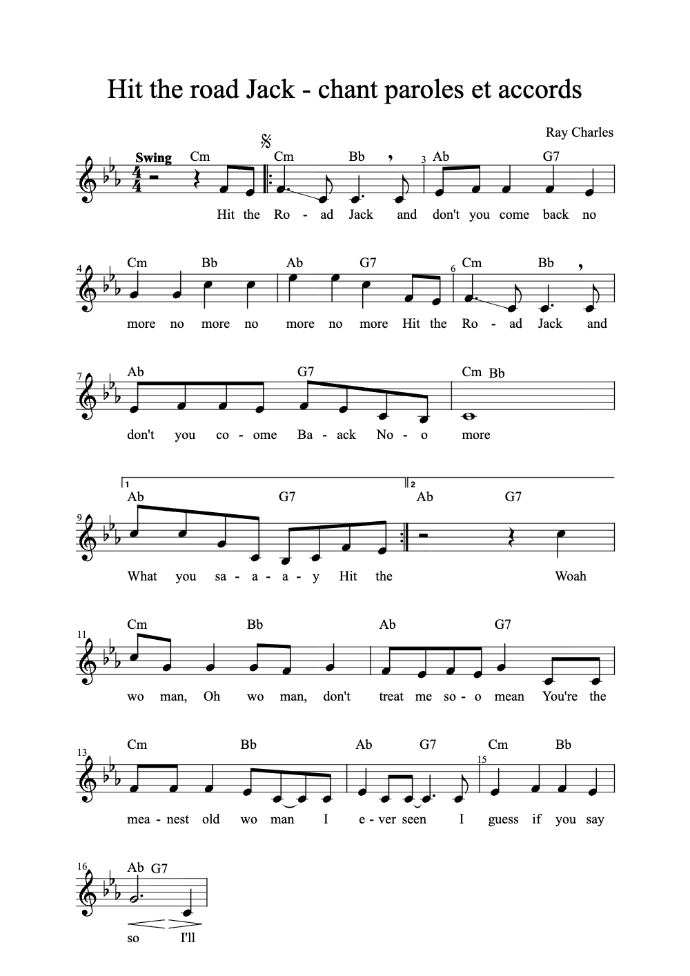 Sheet music preview for Hit the Road Jack