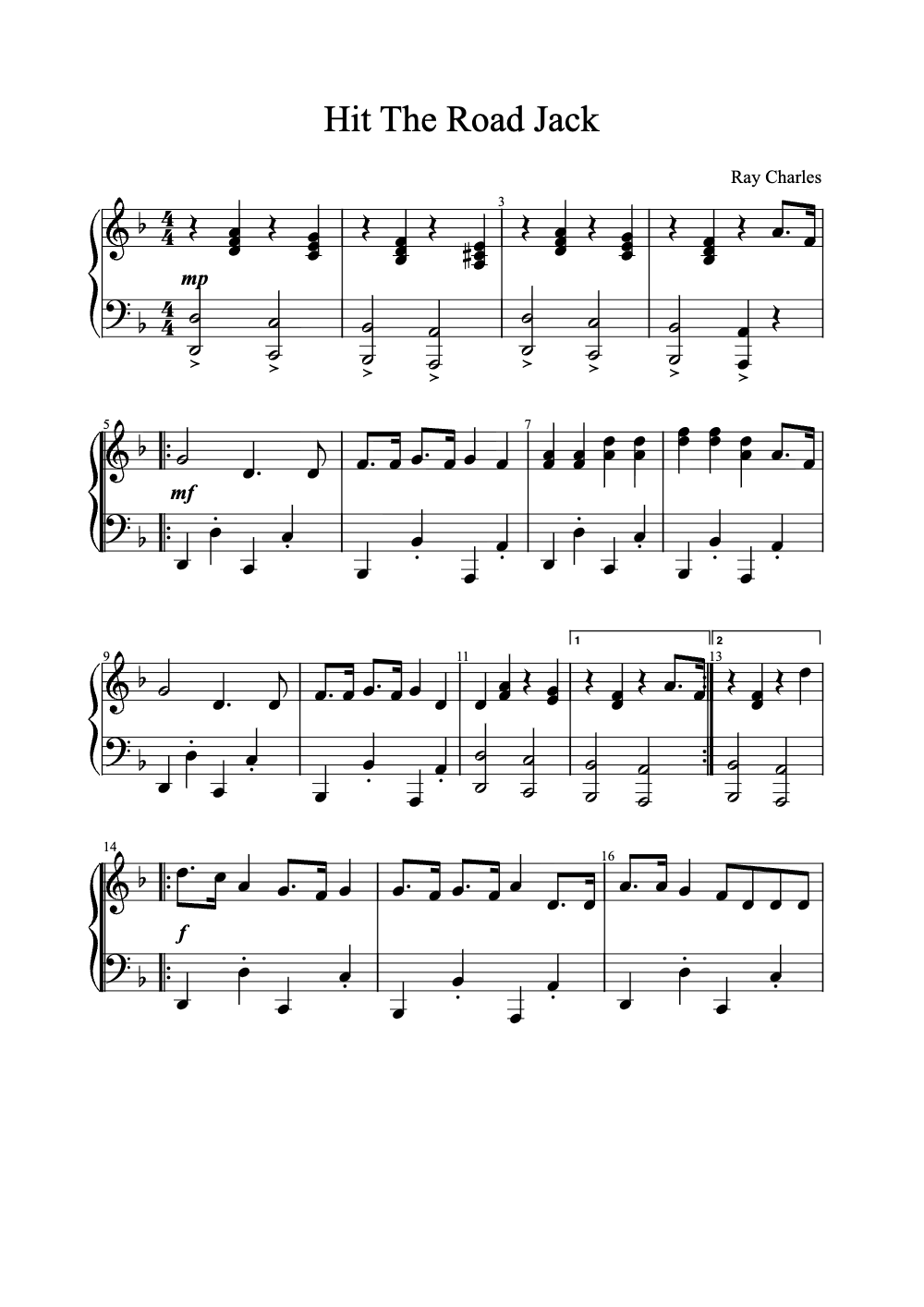 Sheet music preview for Hit the Road Jack
