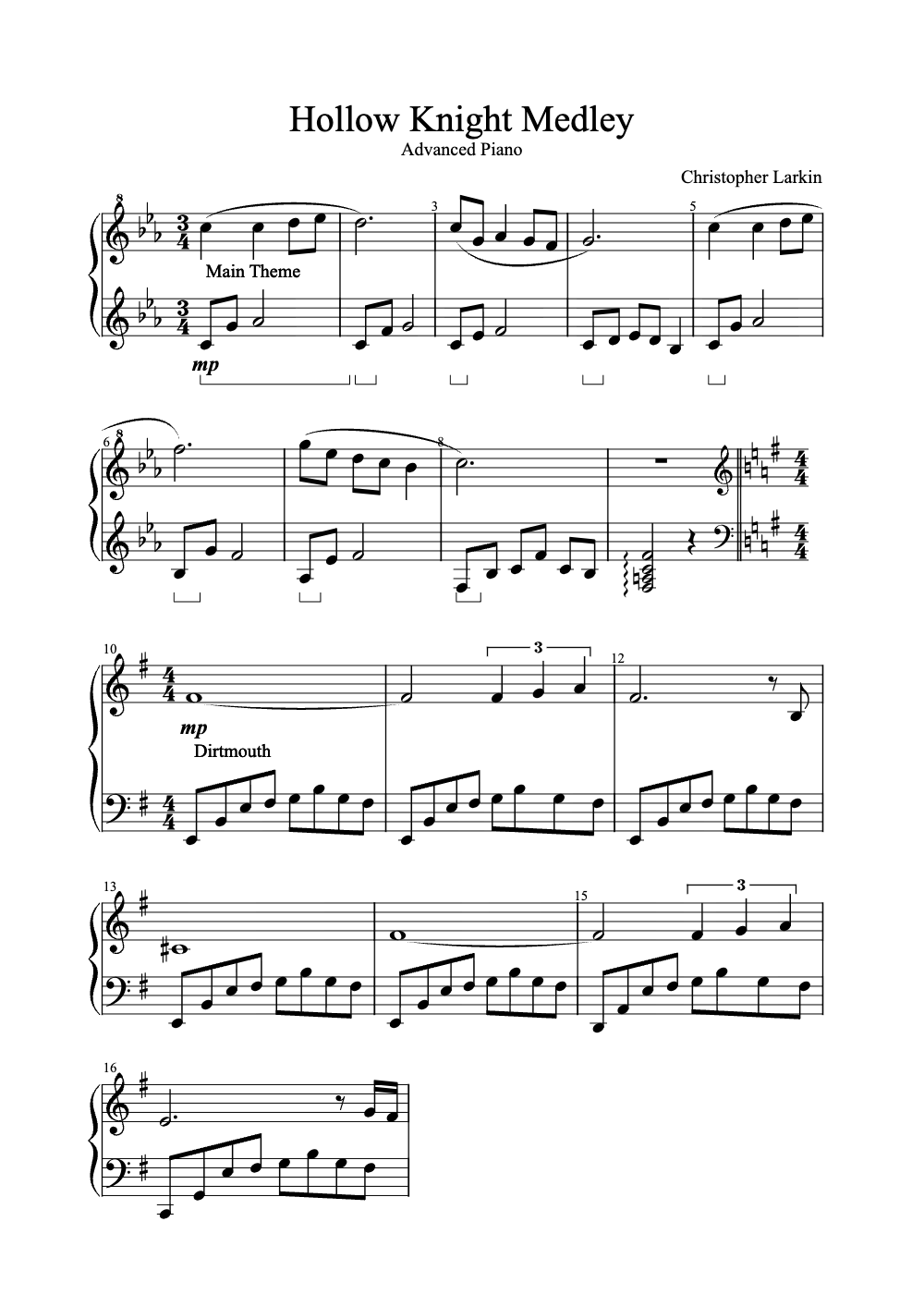Sheet music preview for Hollow Knight Medley