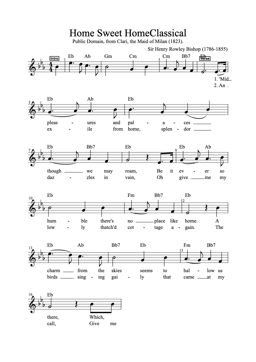 Sheet music preview for Home Sweet Home