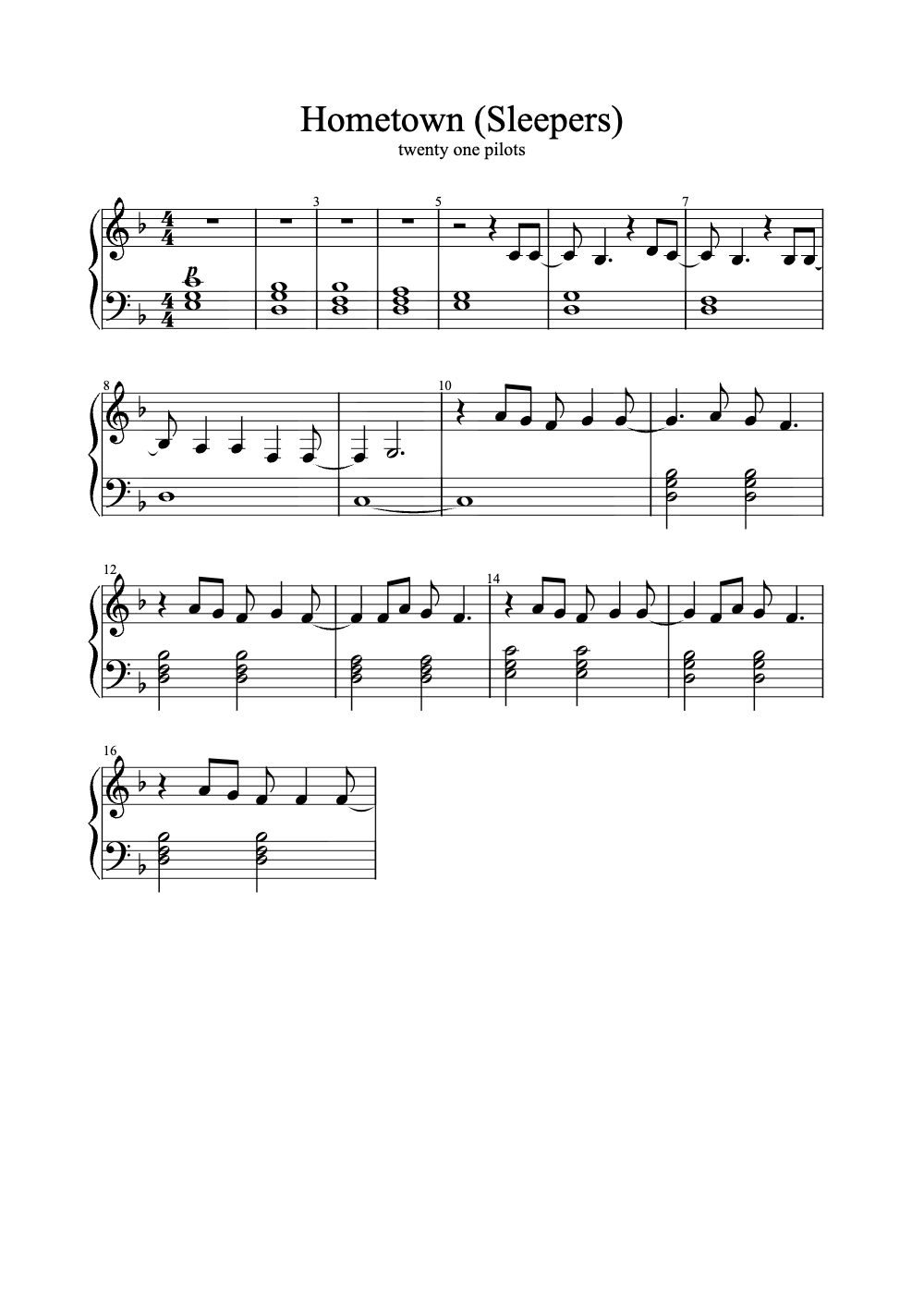 Sheet music preview for Hometown (Sleepers)