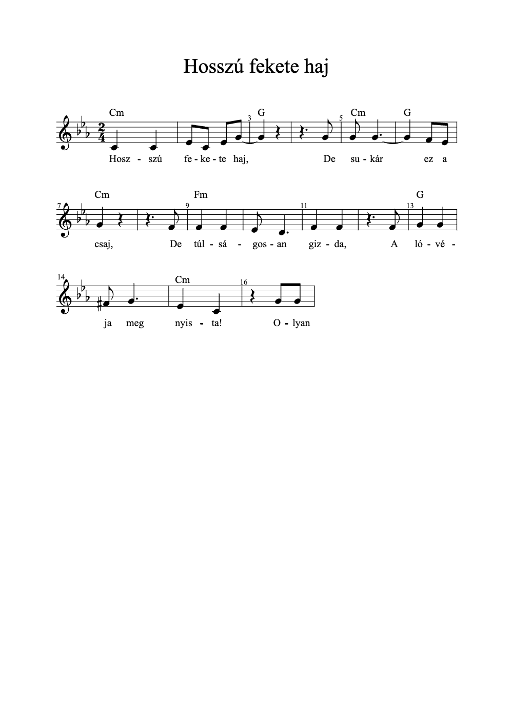 Sheet music preview for Hosszú Fekete Haj