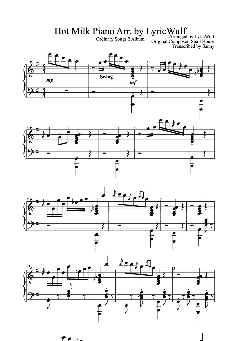Sheet music preview for Hot Milk