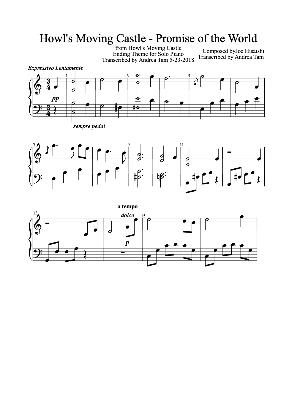 Sheet music preview for Howl's Moving Castle - Promise of the World