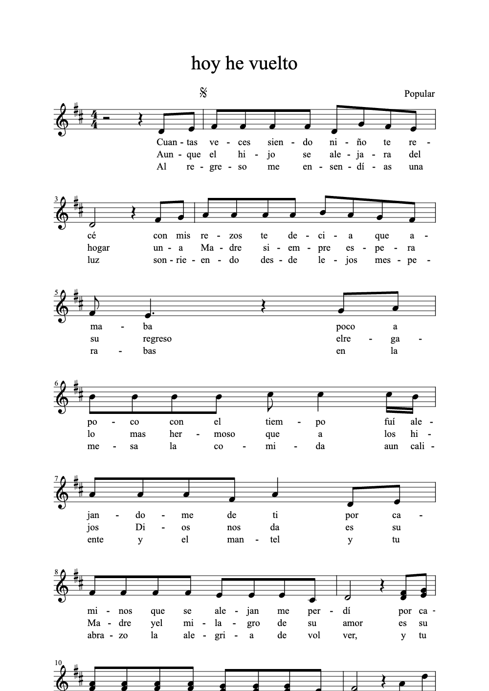 Sheet music preview for Hoy He Vuelto