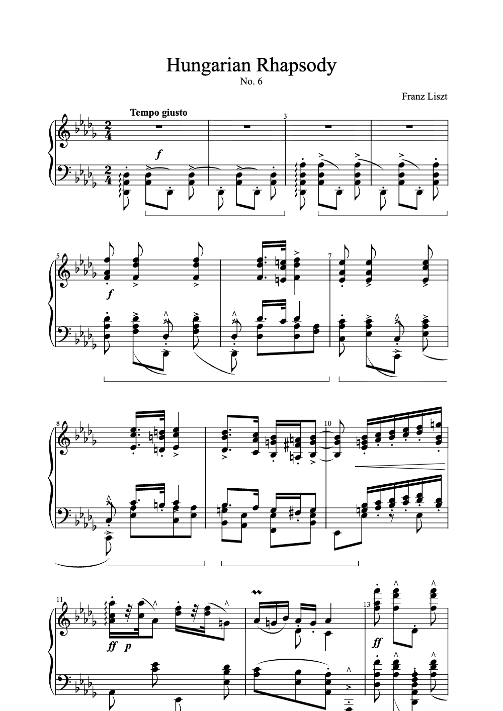 Sheet music preview for Hungarian Rhapsody