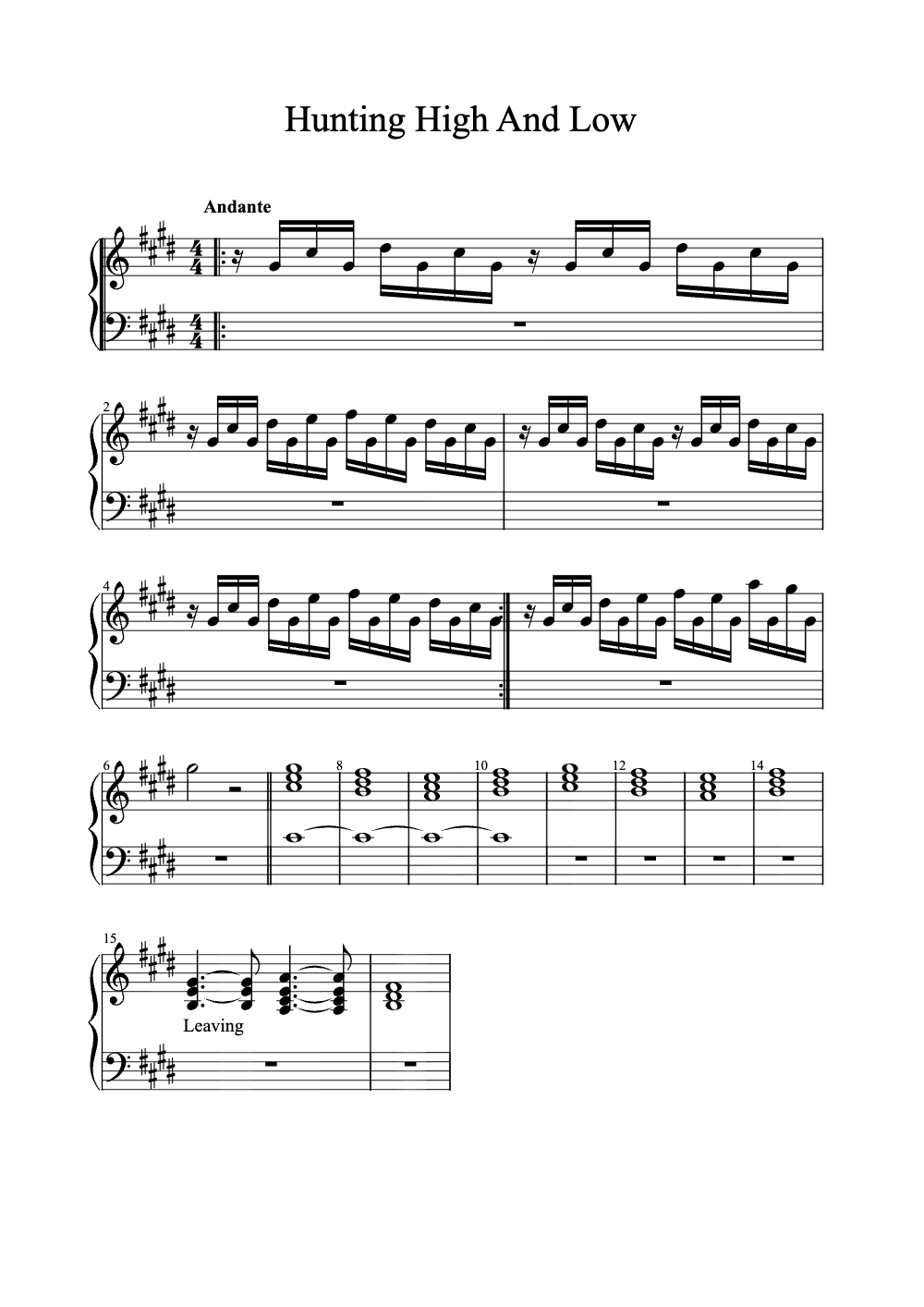 Sheet music preview for Hunting High and Low