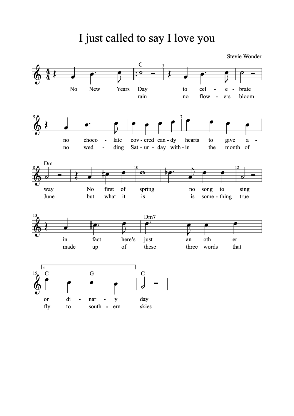 Sheet music preview for I Just Called to Say I Love You