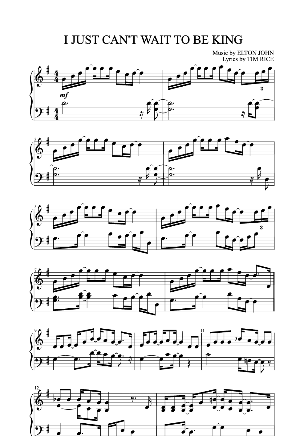 Sheet music preview for I Just Can't Wait to Be King