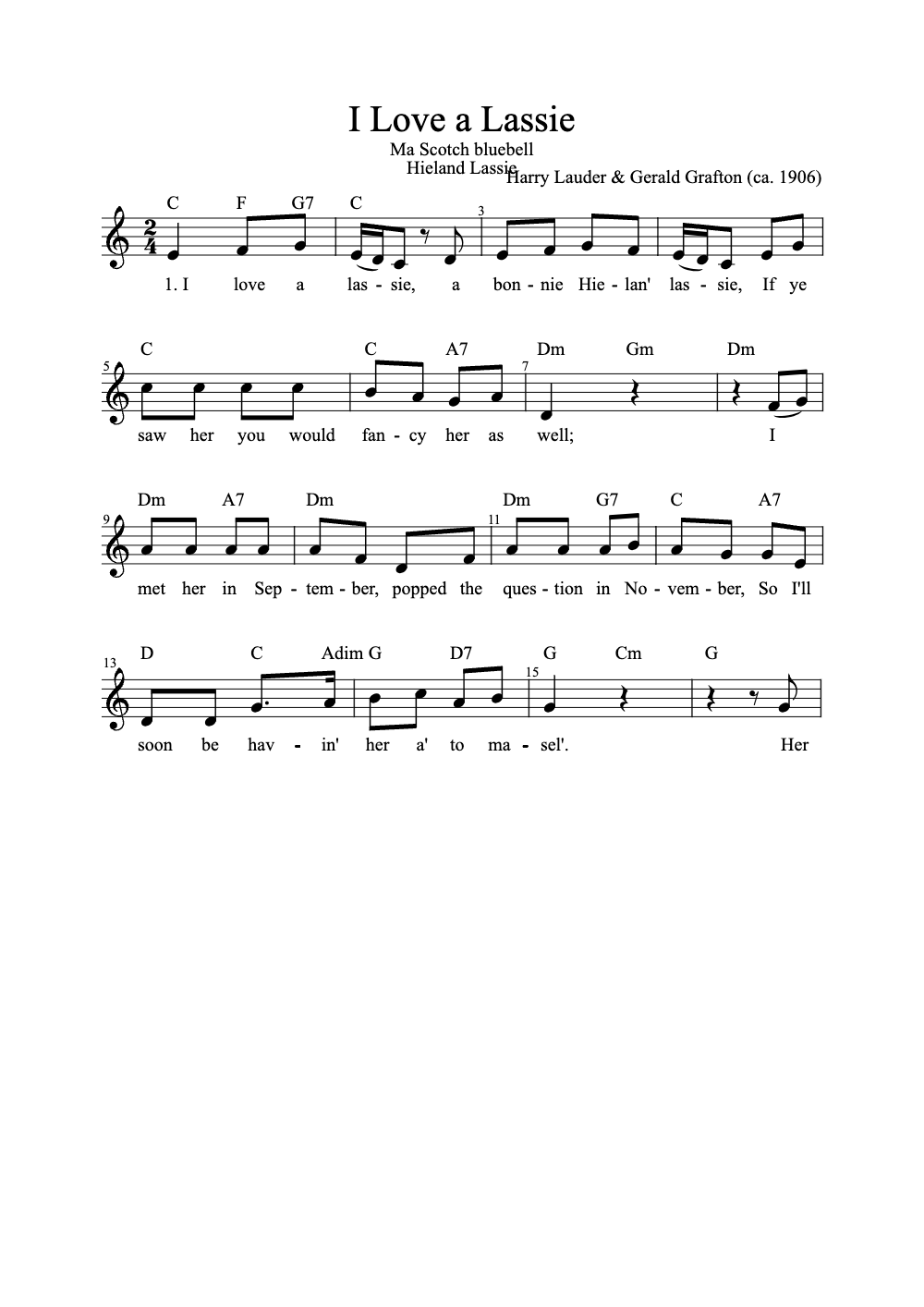 Sheet music preview for I Love a Lassie
