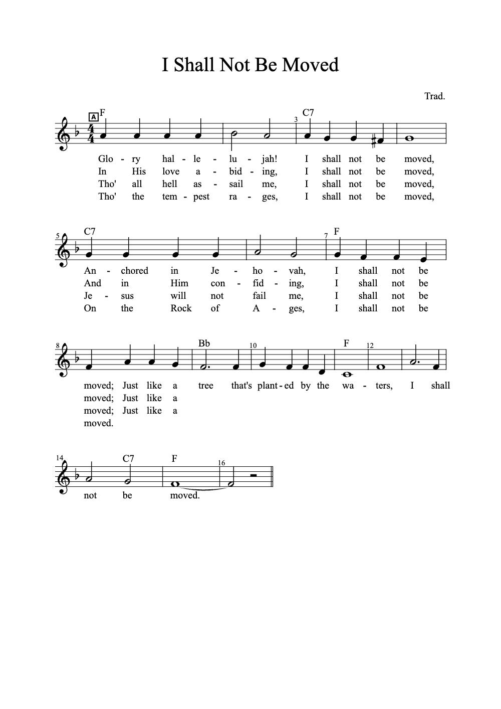 Sheet music preview for I Shall Not Be Moved