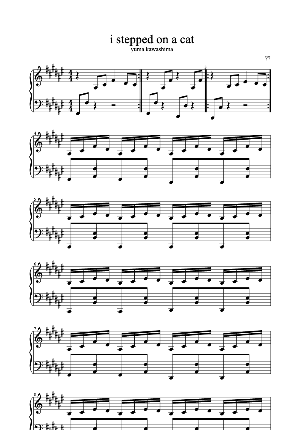 Sheet music preview for I Stepped on a Cat
