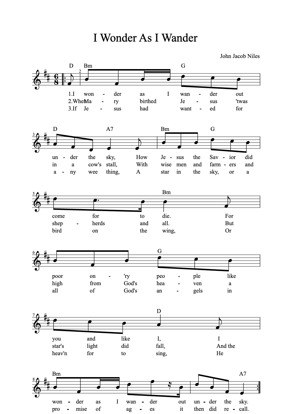 Sheet music preview for I Wonder as I Wander