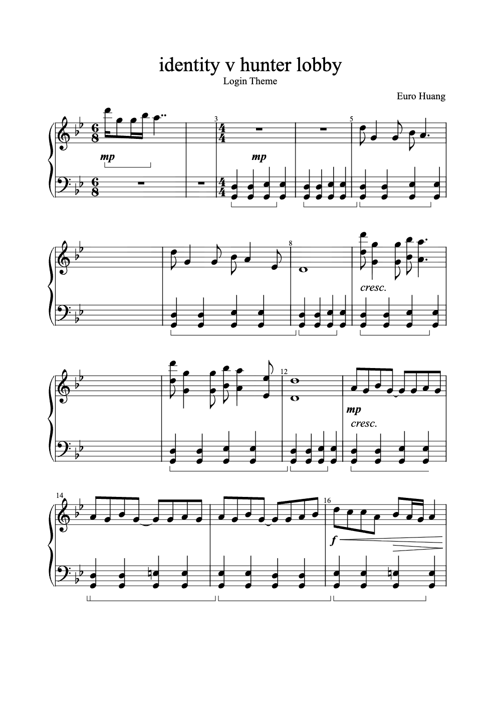 Sheet music preview for Identity V Hunter Lobby