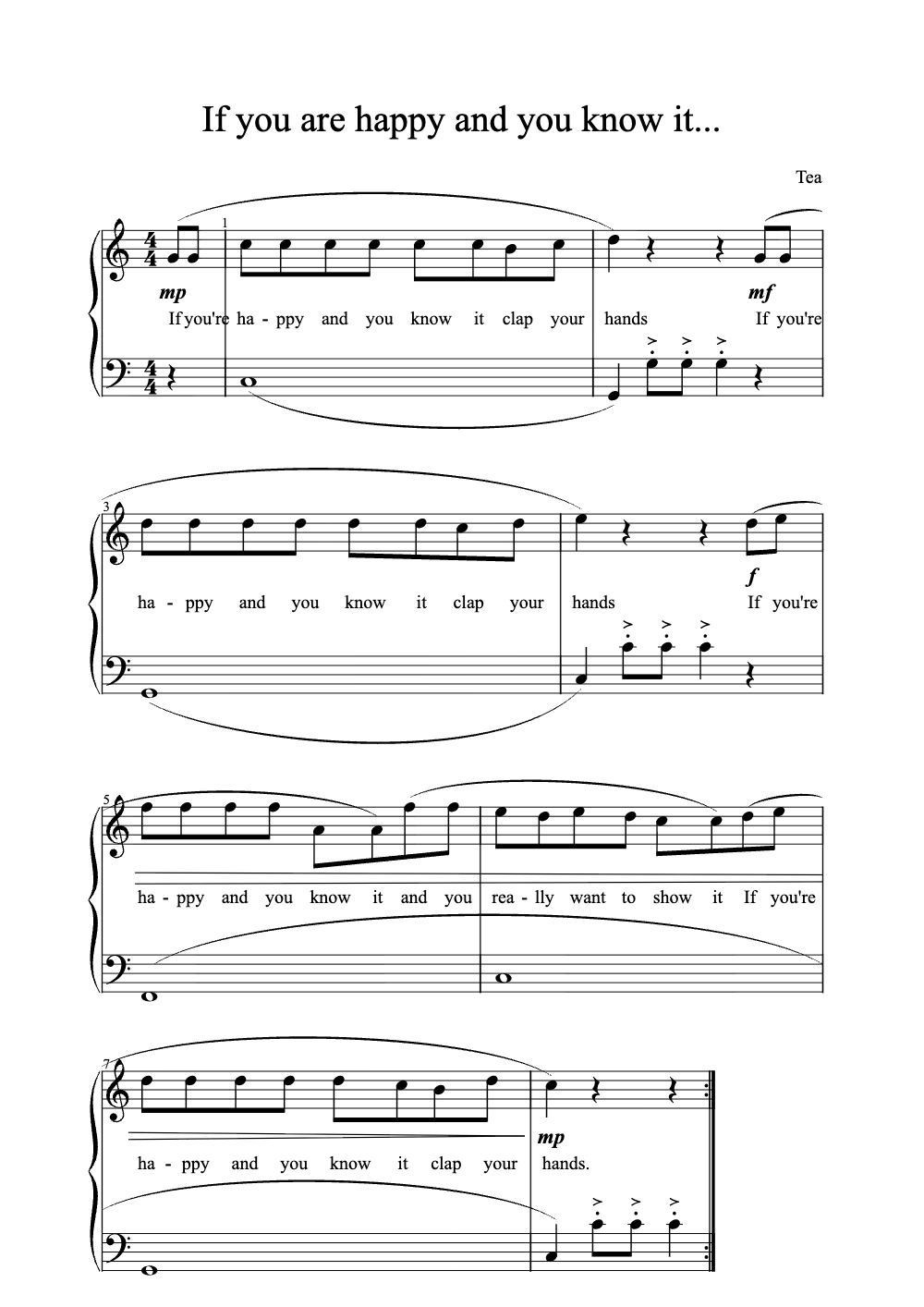 Sheet music preview for If You Are Happy and You Know It...