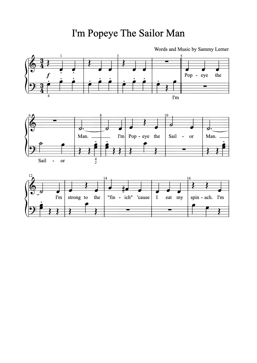 Sheet music preview for I'm Popeye the Sailor Man