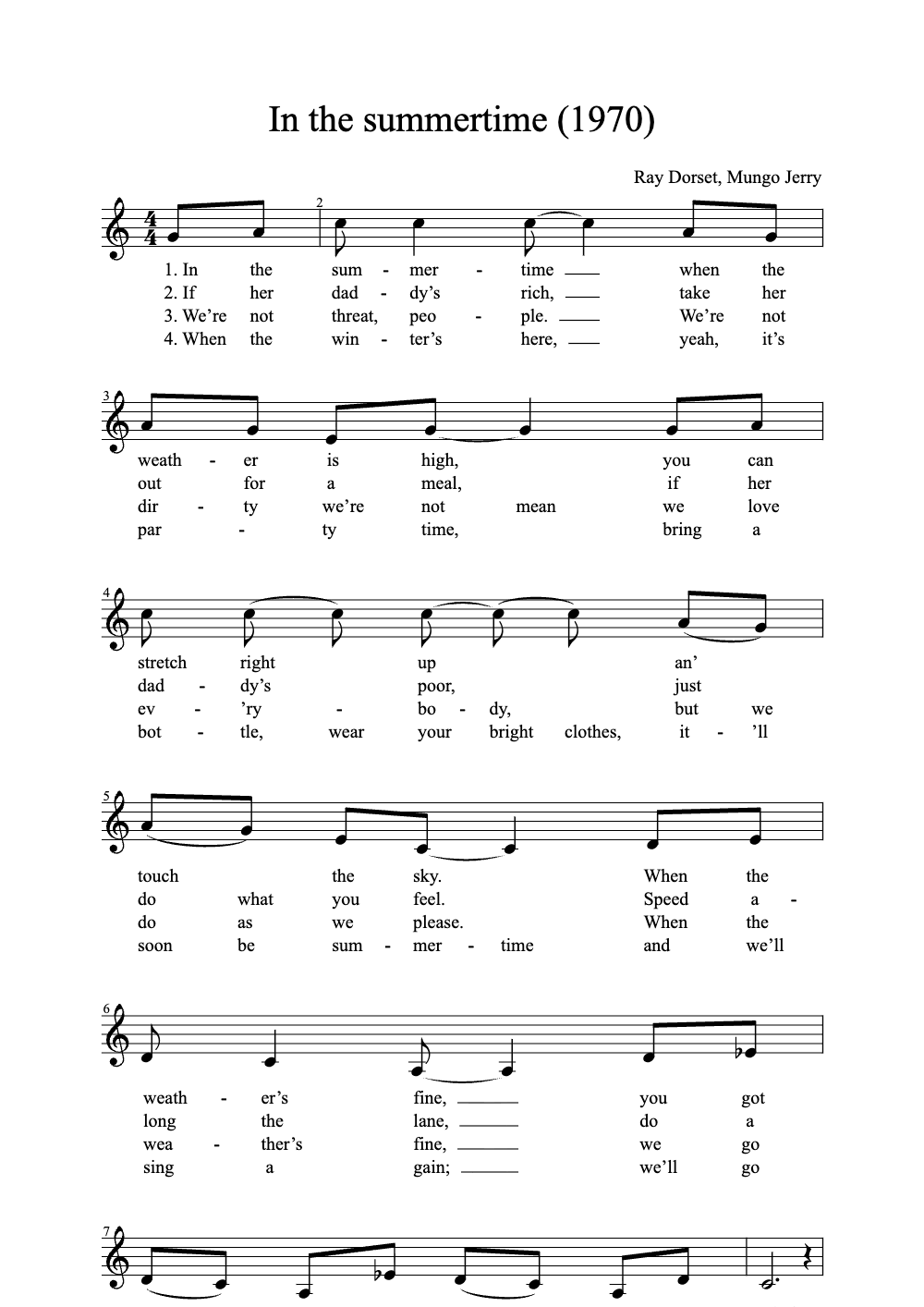 Sheet music preview for In the Summertime