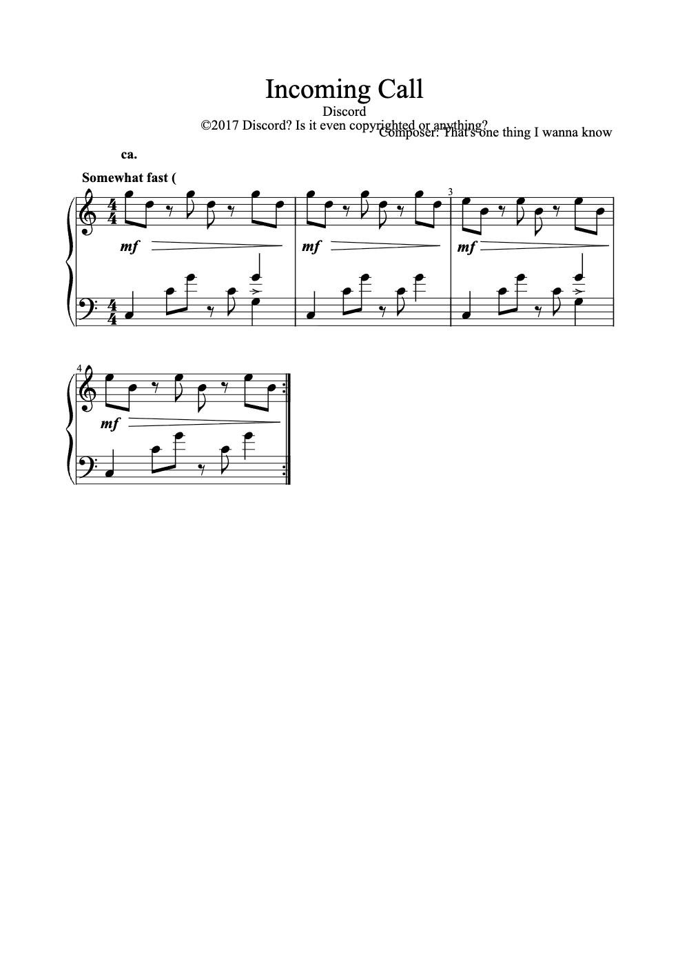 Sheet music preview for Incoming Call