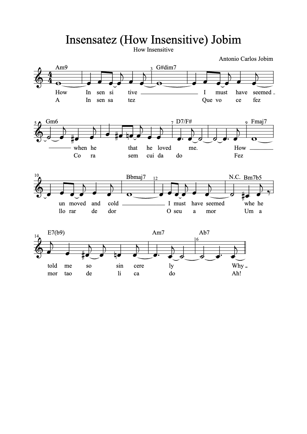 Sheet music preview for Insensatez (How Insensitive)