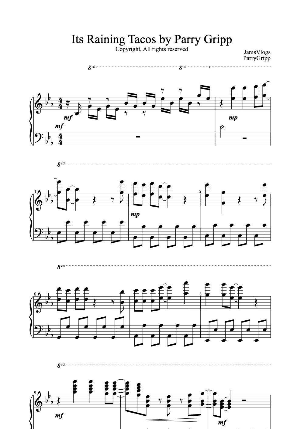 Sheet music preview for It's Raining Tacos