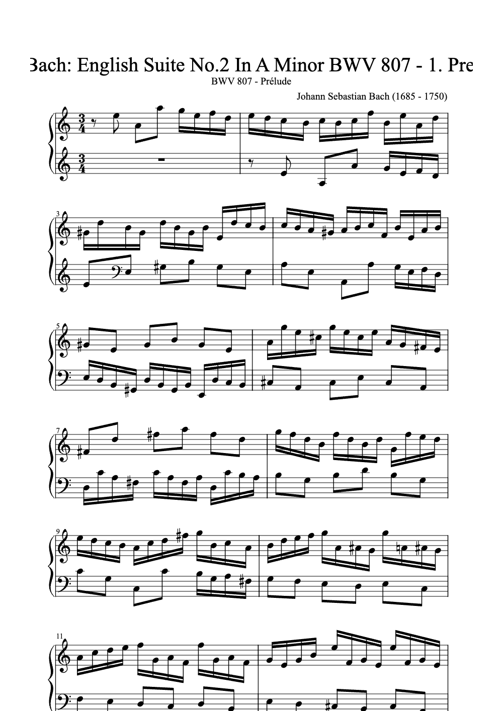 Sheet music preview for English Suite No. 2 in A Minor, BWV 807: I. Prelude