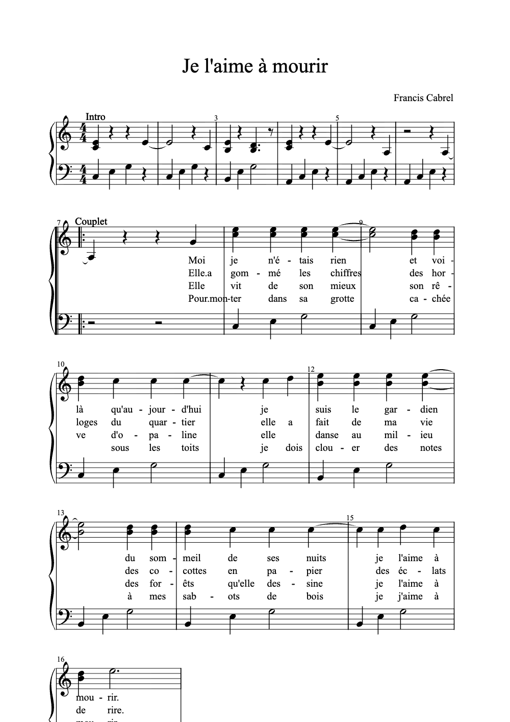 Sheet music preview for Je L'aime à Mourir