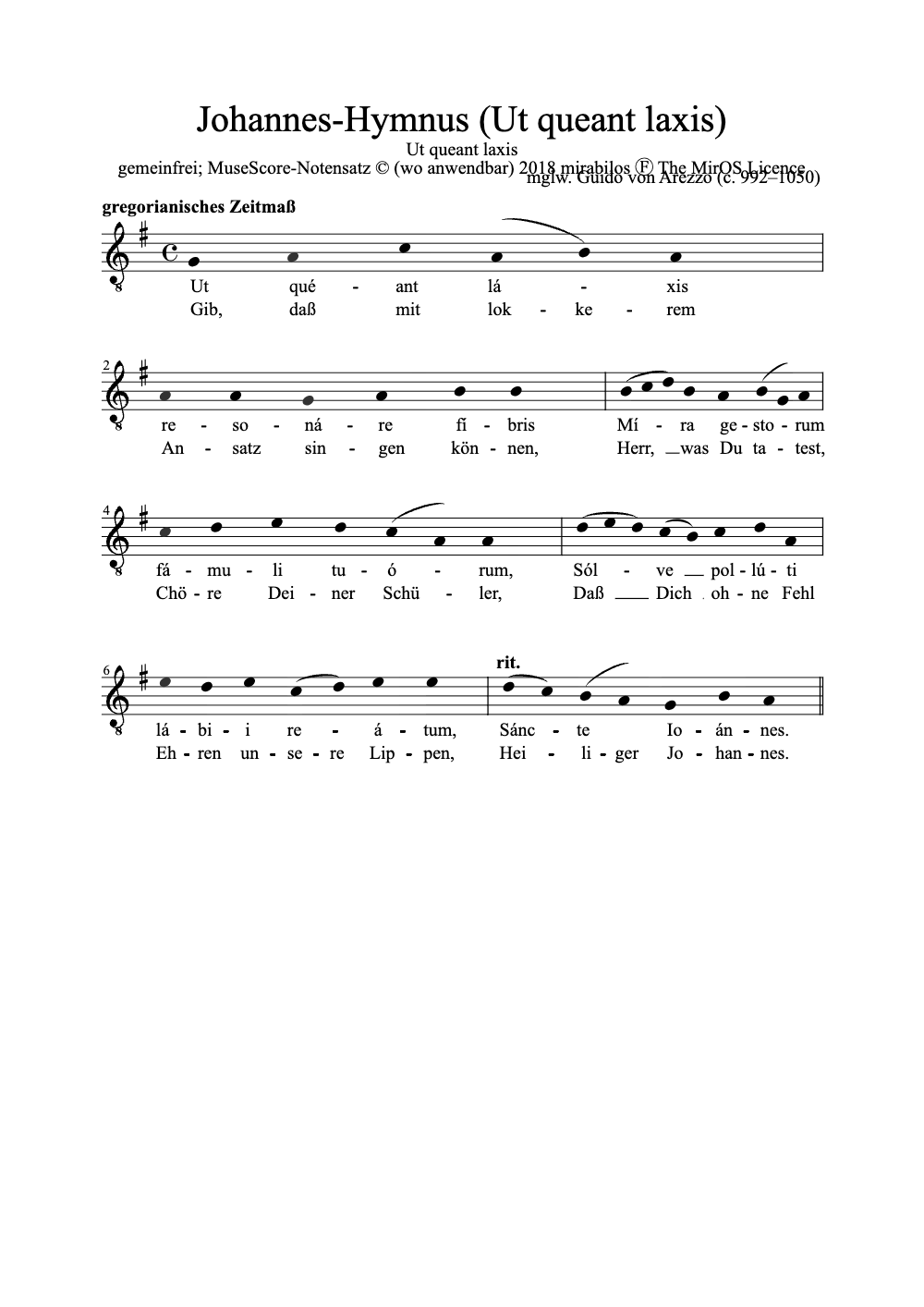 Sheet music preview for Johannes-Hymnus (Ut Queant Laxis)
