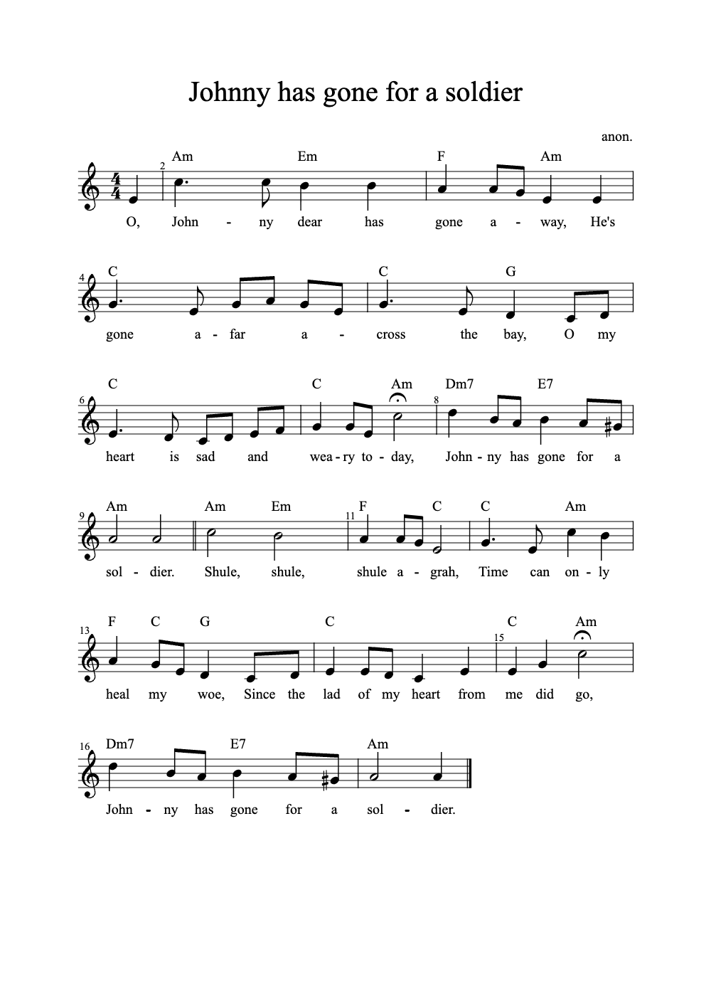 Sheet music preview for Johnny Has Gone for a Soldier