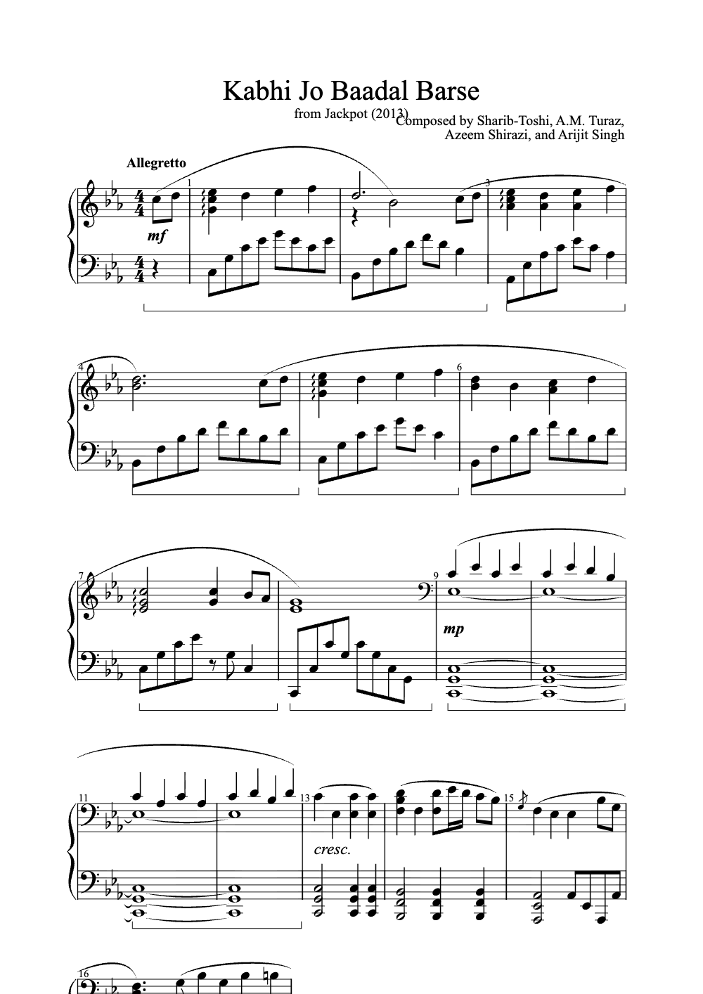 Sheet music preview for Kabhi Jo Baadal Barse