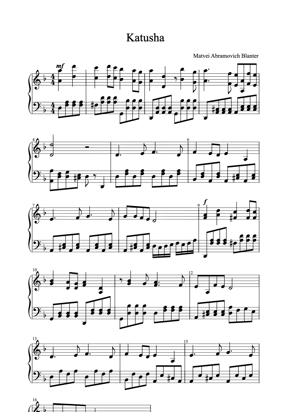 Sheet music preview for Katusha
