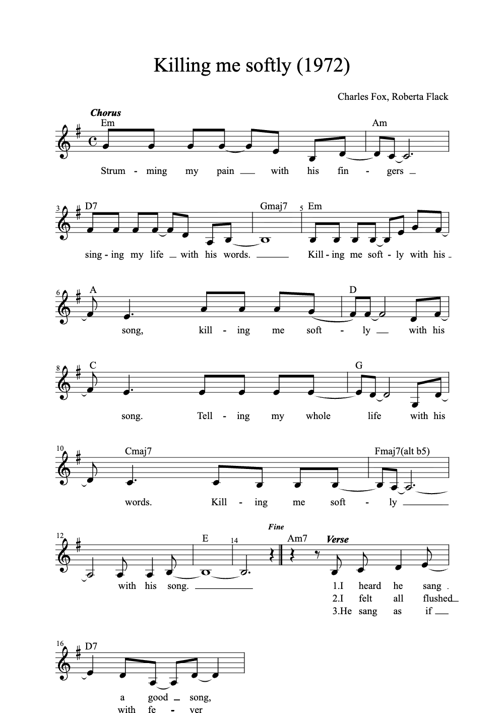 Sheet music preview for Killing Me Softly